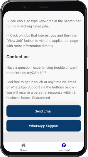 Get in touch with us at any time via email or WhatsApp Support directly through the app
