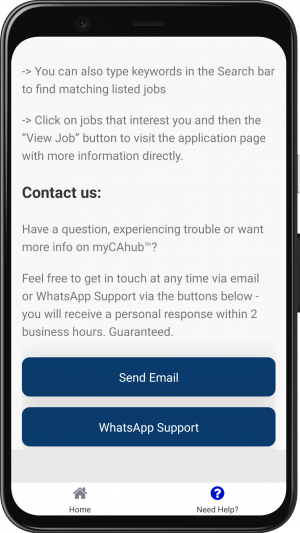 Get in touch with us at any time via email or WhatsApp Support directly through the app